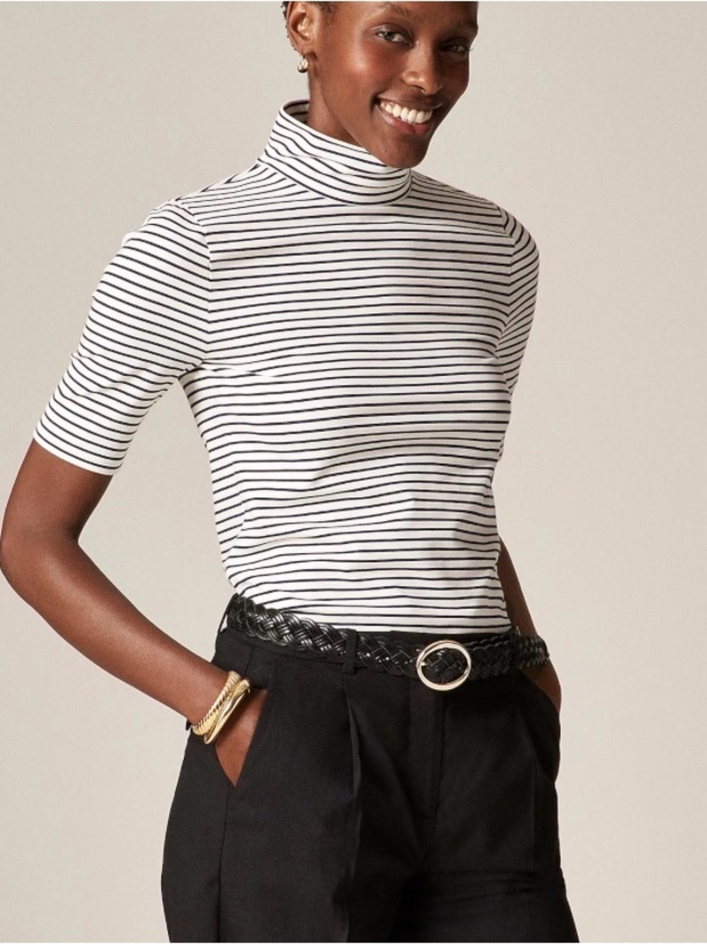 Stretch cotton-blend elbow-sleeve mockneck T-shirt in stripe